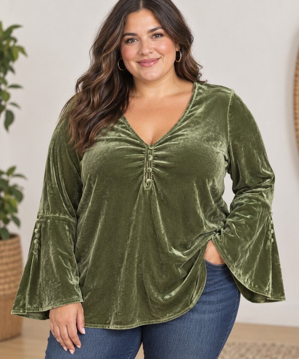 Suzanne Betro Boho Whimsigoth Witchy Velour Bell Sleeve Blouse Green Size 3x